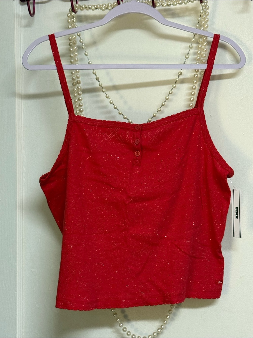 Pink Victoria Secret Red Silver Glitter Women's Knit Lounge Cami XL